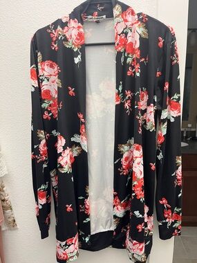Wish Black Cardigan with Red and Green Floral Print
